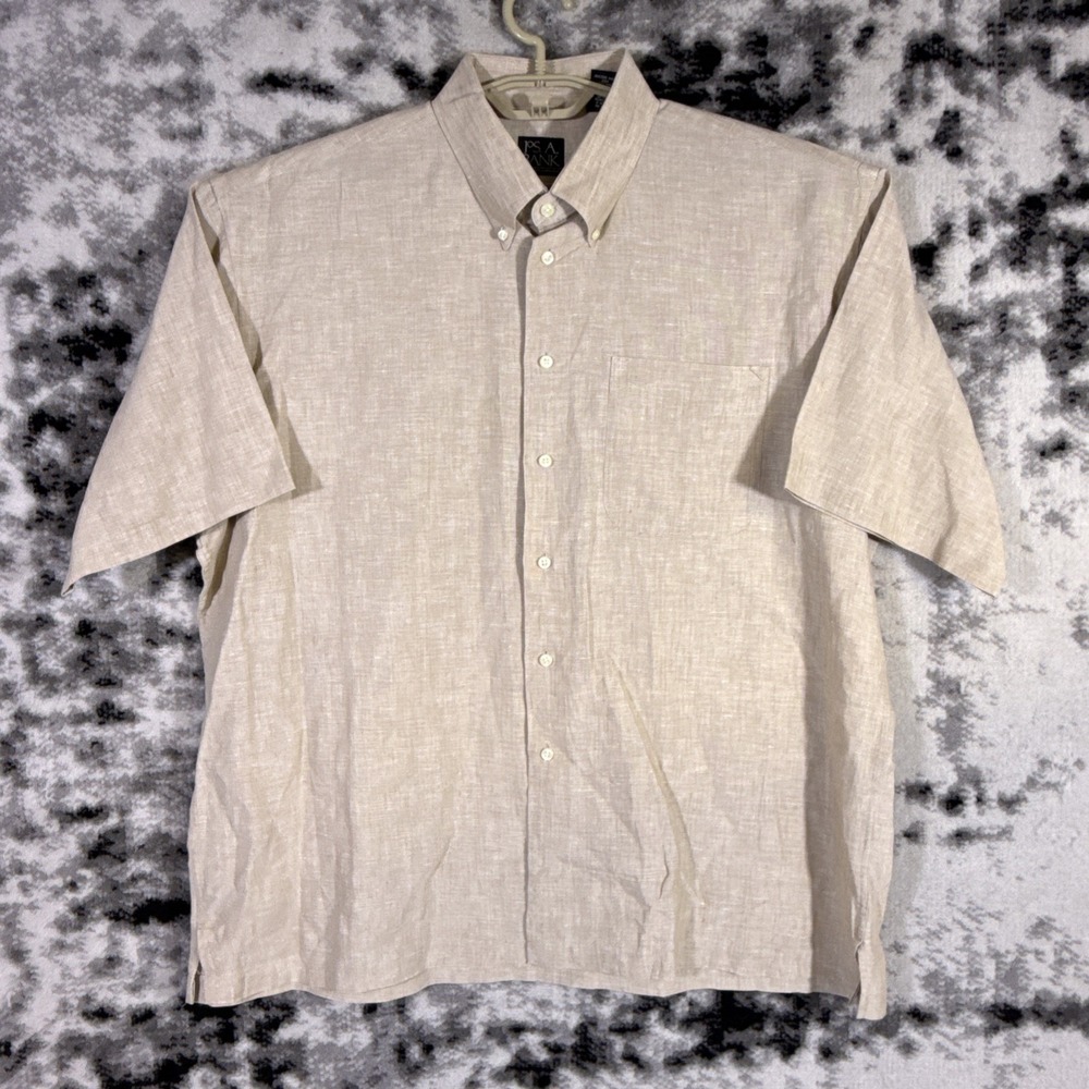 Jos A Bank Shirt Mens Size Extra Large Sand 100% Linen Button Down Short Sleeve